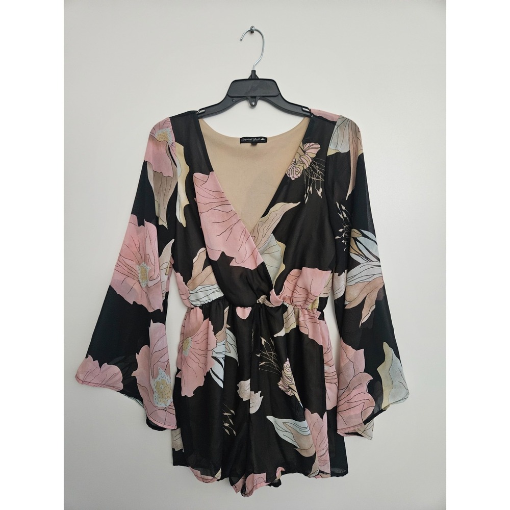 Crystal Doll Floral Romper M Black Pink Bell Sleeve Boho Surplice Juniors VTG